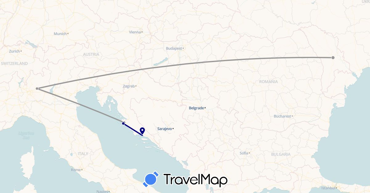 TravelMap itinerary: driving, plane in Croatia, Italy, Moldova (Europe)